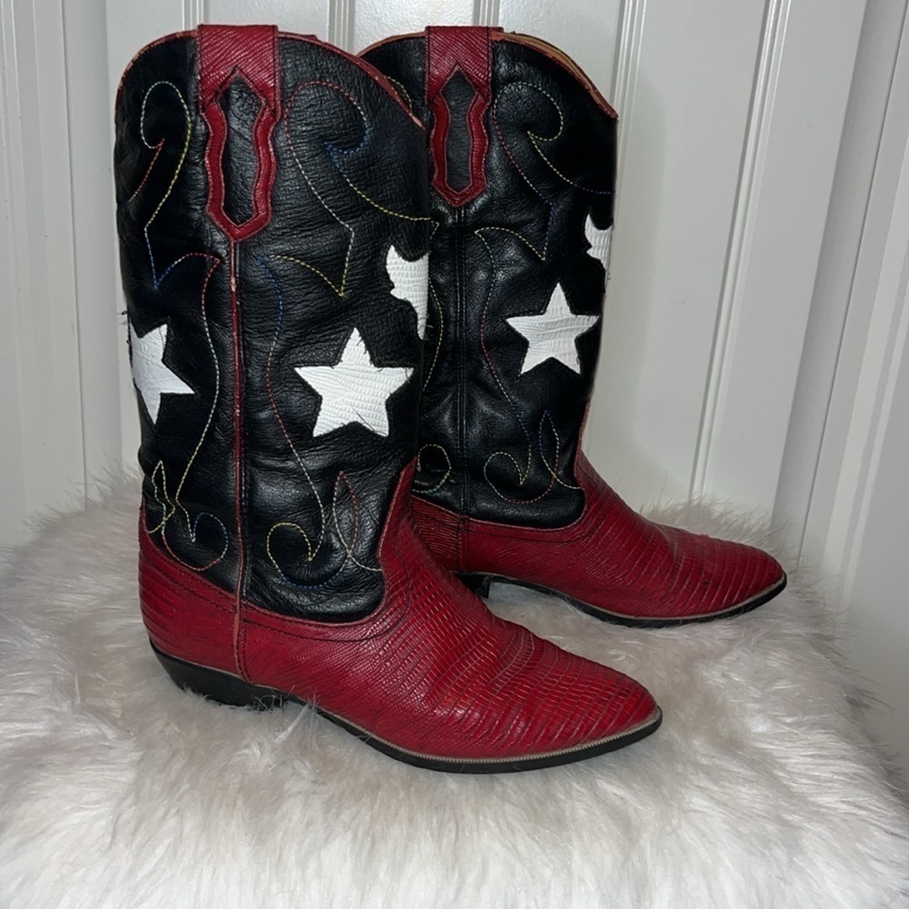 Patriotic America USA flag red white blue stars leather cowgirl boots size 6.5